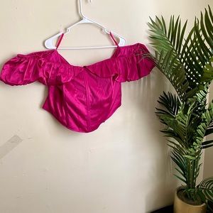 Pretty Little Thing Off the Shoulder pink satin shirt